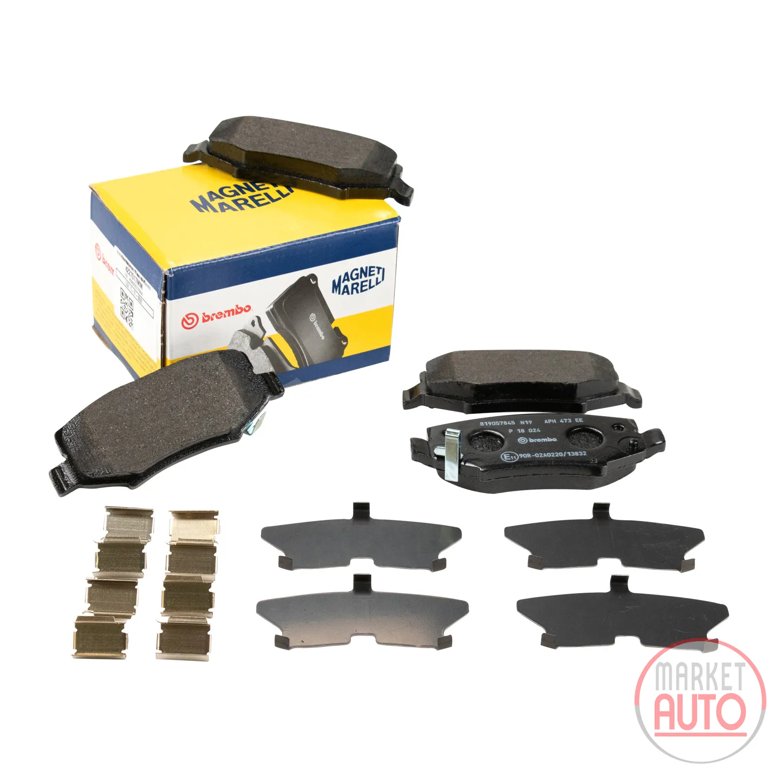 Rear brake pads including wear contact Magneti Marelli