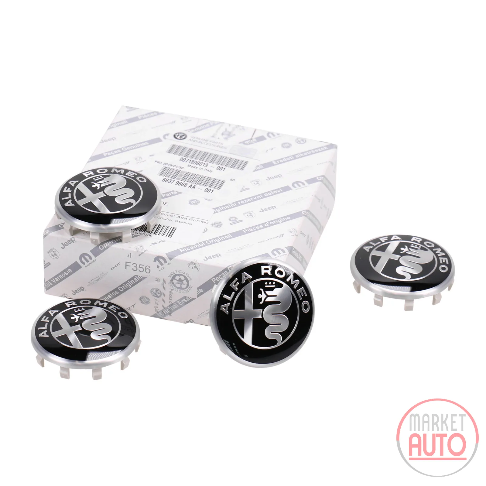 Wheel hub caps Alfa Romeo logo black and white set of 4